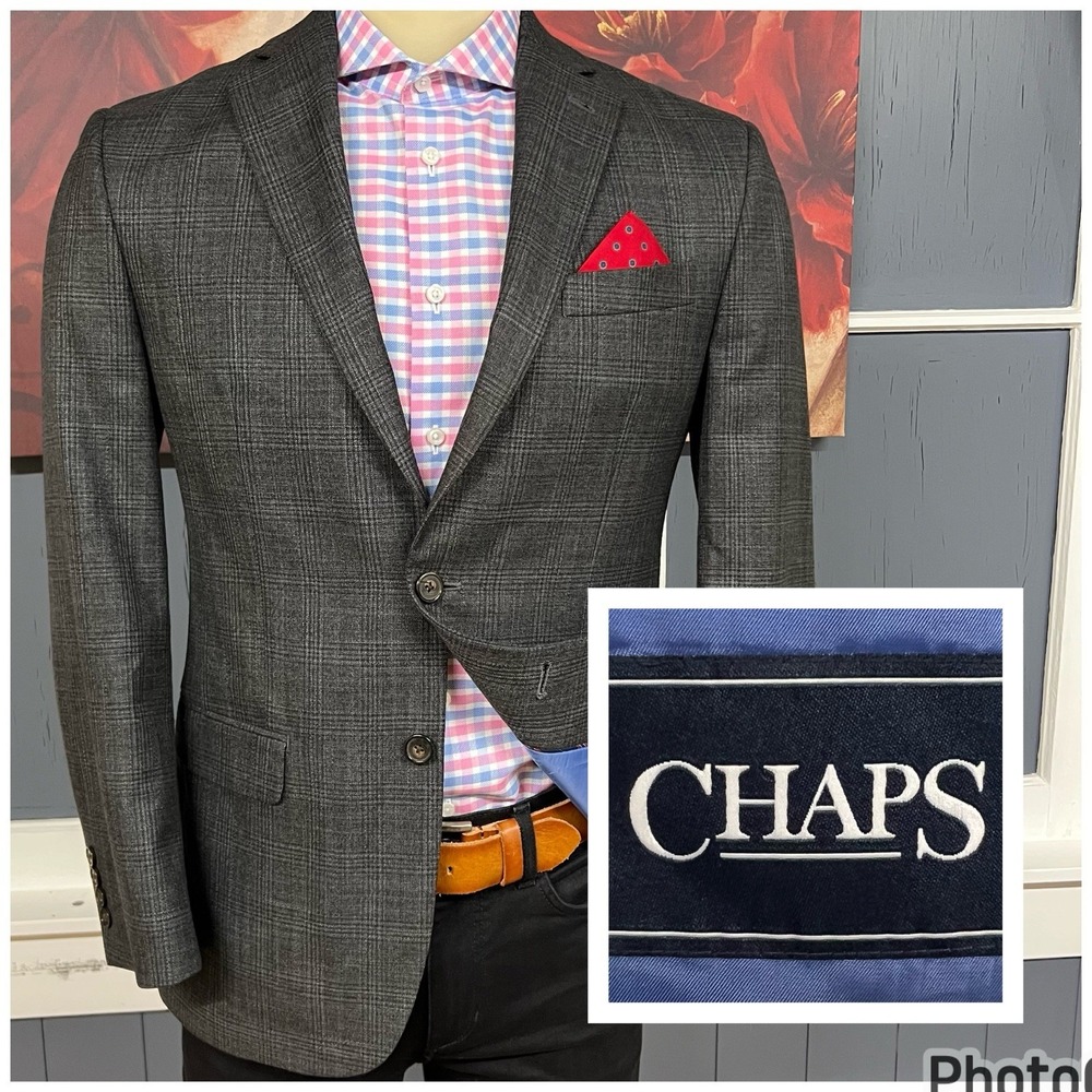 Chaps Blazer Jacket Sport Coat Mens 38R Rayon Polyester Jersey Dark Gray